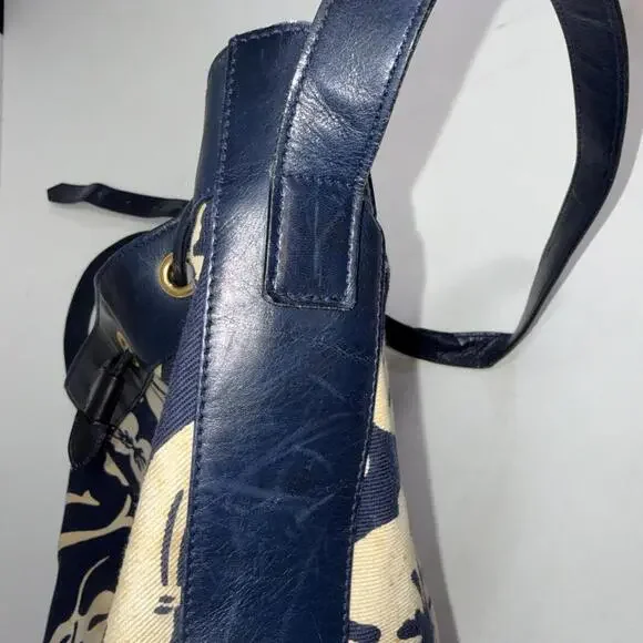 VTG ESCADA Nautical Dolphin Floral Blue Leather Drawstring Bucket Bag Crossbody - Picture 15 of 15